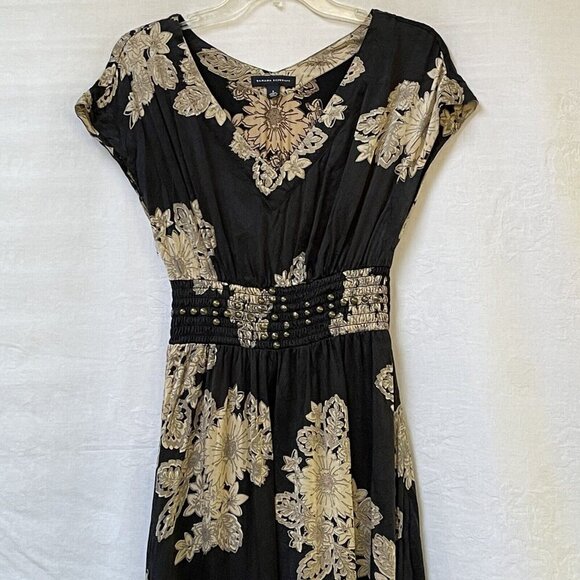 Banana Republic Silk Dress  Womens 6 Black Beige Floral Wedding Romantic Whimsy - Picture 2 of 13